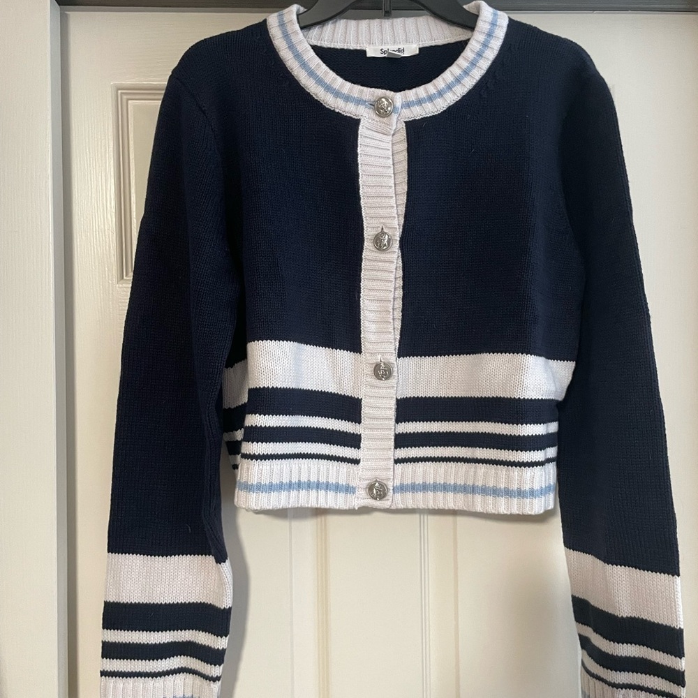 Splendid Navy and White Striped Cropped Cardigan